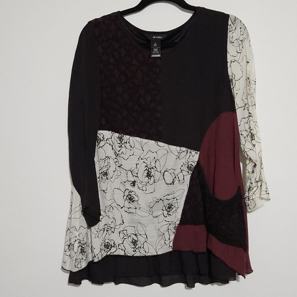 Ali Miles Size S Tunic Top Artsy Lagenlook Floral Lace Pocket Black Burgundy